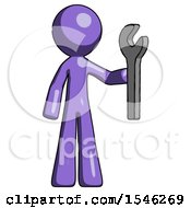 Purple Design Mascot Man Holding Wrench Ready To Repair Or Work