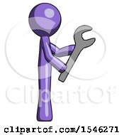 Purple Design Mascot Man Using Wrench Adjusting Something To Right