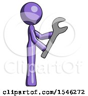 Purple Design Mascot Woman Using Wrench Adjusting Something To Right
