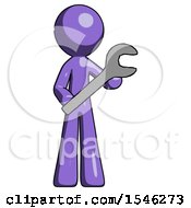 Purple Design Mascot Man Holding Large Wrench With Both Hands