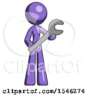 Purple Design Mascot Woman Holding Large Wrench With Both Hands