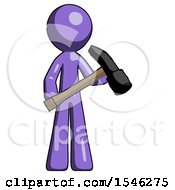 Purple Design Mascot Man Holding Hammer Ready To Work
