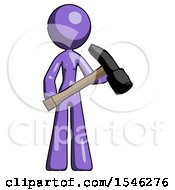 Purple Design Mascot Woman Holding Hammer Ready To Work