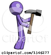 Purple Design Mascot Man Hammering Something On The Right