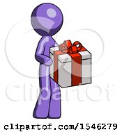 Purple Design Mascot Man Giving A Present