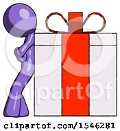 Purple Design Mascot Man Gift Concept Leaning Against Large Present