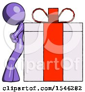 Purple Design Mascot Woman Gift Concept Leaning Against Large Present
