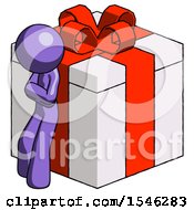 Purple Design Mascot Man Leaning On Gift With Red Bow Angle View