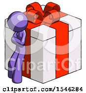 Purple Design Mascot Woman Leaning On Gift With Red Bow Angle View