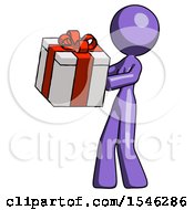 Purple Design Mascot Woman Presenting A Present With Large Red Bow On It
