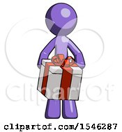Purple Design Mascot Man Gifting Present With Large Bow Front View
