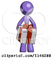 Purple Design Mascot Woman Gifting Present With Large Bow Front View