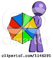 Purple Design Mascot Man Holding Rainbow Umbrella Out To Viewer