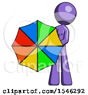 Purple Design Mascot Woman Holding Rainbow Umbrella Out To Viewer