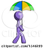 Purple Design Mascot Man Walking With Colored Umbrella