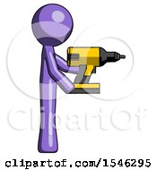 Purple Design Mascot Man Using Drill Drilling Something On Right Side