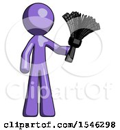 Poster, Art Print Of Purple Design Mascot Man Holding Feather Duster Facing Forward
