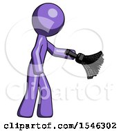 Poster, Art Print Of Purple Design Mascot Man Dusting With Feather Duster Downwards