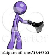 Poster, Art Print Of Purple Design Mascot Woman Dusting With Feather Duster Downwards