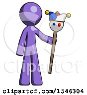 Purple Design Mascot Man Holding Jester Staff