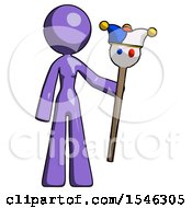 Purple Design Mascot Woman Holding Jester Staff