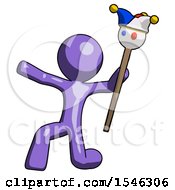 Purple Design Mascot Man Holding Jester Staff Posing Charismatically
