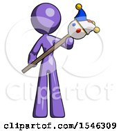 Purple Design Mascot Woman Holding Jester Diagonally