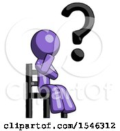 Purple Design Mascot Man Question Mark Concept Sitting On Chair Thinking