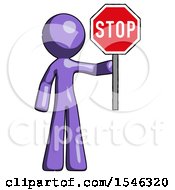 Purple Design Mascot Man Holding Stop Sign