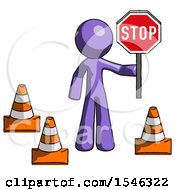 Poster, Art Print Of Purple Design Mascot Man Holding Stop Sign By Traffic Cones Under Construction Concept