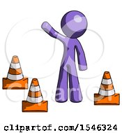 Poster, Art Print Of Purple Design Mascot Man Standing By Traffic Cones Waving