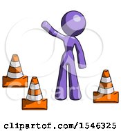 Poster, Art Print Of Purple Design Mascot Woman Standing By Traffic Cones Waving