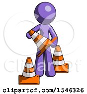 Purple Design Mascot Man Holding A Traffic Cone