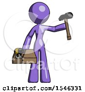 Purple Design Mascot Woman Holding Tools And Toolchest Ready To Work