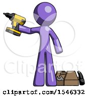 Poster, Art Print Of Purple Design Mascot Man Holding Drill Ready To Work Toolchest And Tools To Right