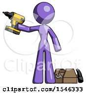 Purple Design Mascot Woman Holding Drill Ready To Work Toolchest And Tools To Right
