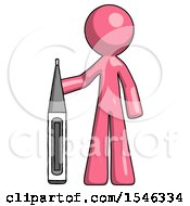 Poster, Art Print Of Pink Design Mascot Man Standing With Large Thermometer