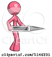 Pink Design Mascot Woman Walking With Large Thermometer