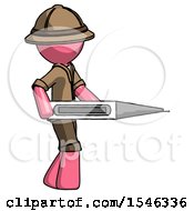 Poster, Art Print Of Pink Explorer Ranger Man Walking With Large Thermometer