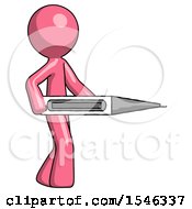 Pink Design Mascot Man Walking With Large Thermometer