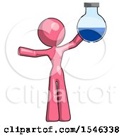 Pink Design Mascot Woman Holding Large Round Flask Or Beaker