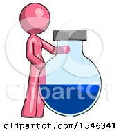 Pink Design Mascot Woman Standing Beside Large Round Flask Or Beaker