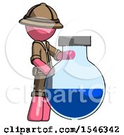 Poster, Art Print Of Pink Explorer Ranger Man Standing Beside Large Round Flask Or Beaker