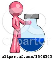 Poster, Art Print Of Pink Design Mascot Man Standing Beside Large Round Flask Or Beaker