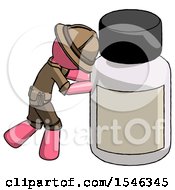 Poster, Art Print Of Pink Explorer Ranger Man Pushing Large Medicine Bottle