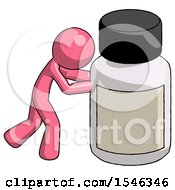 Pink Design Mascot Man Pushing Large Medicine Bottle