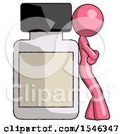Pink Design Mascot Woman Leaning Against Large Medicine Bottle