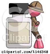 Pink Explorer Ranger Man Leaning Against Large Medicine Bottle