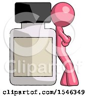 Pink Design Mascot Man Leaning Against Large Medicine Bottle