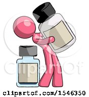 Pink Design Mascot Woman Holding Large White Medicine Bottle With Bottle In Background